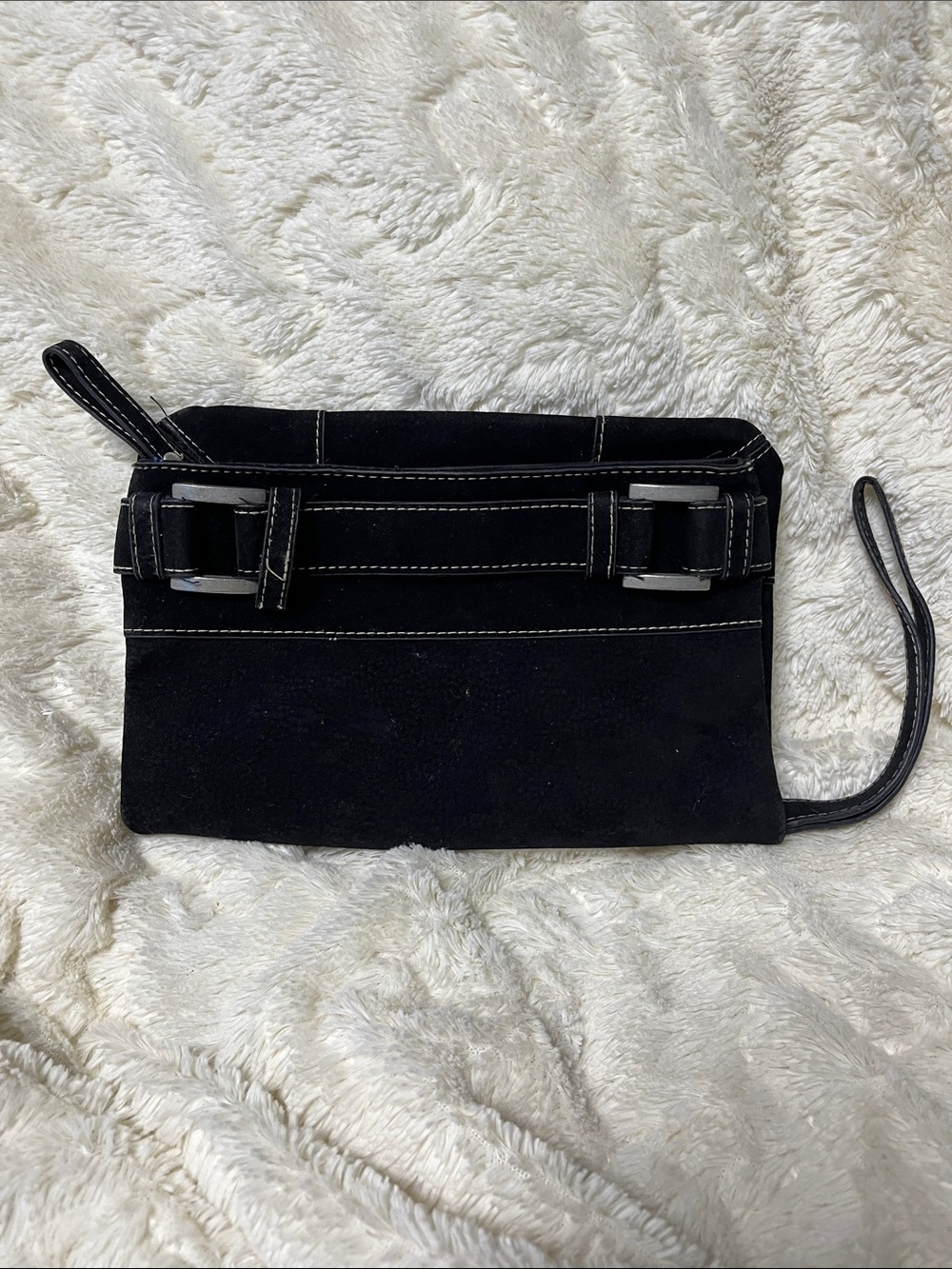 Black Suede Wristlet Clutch with Buckle Detail